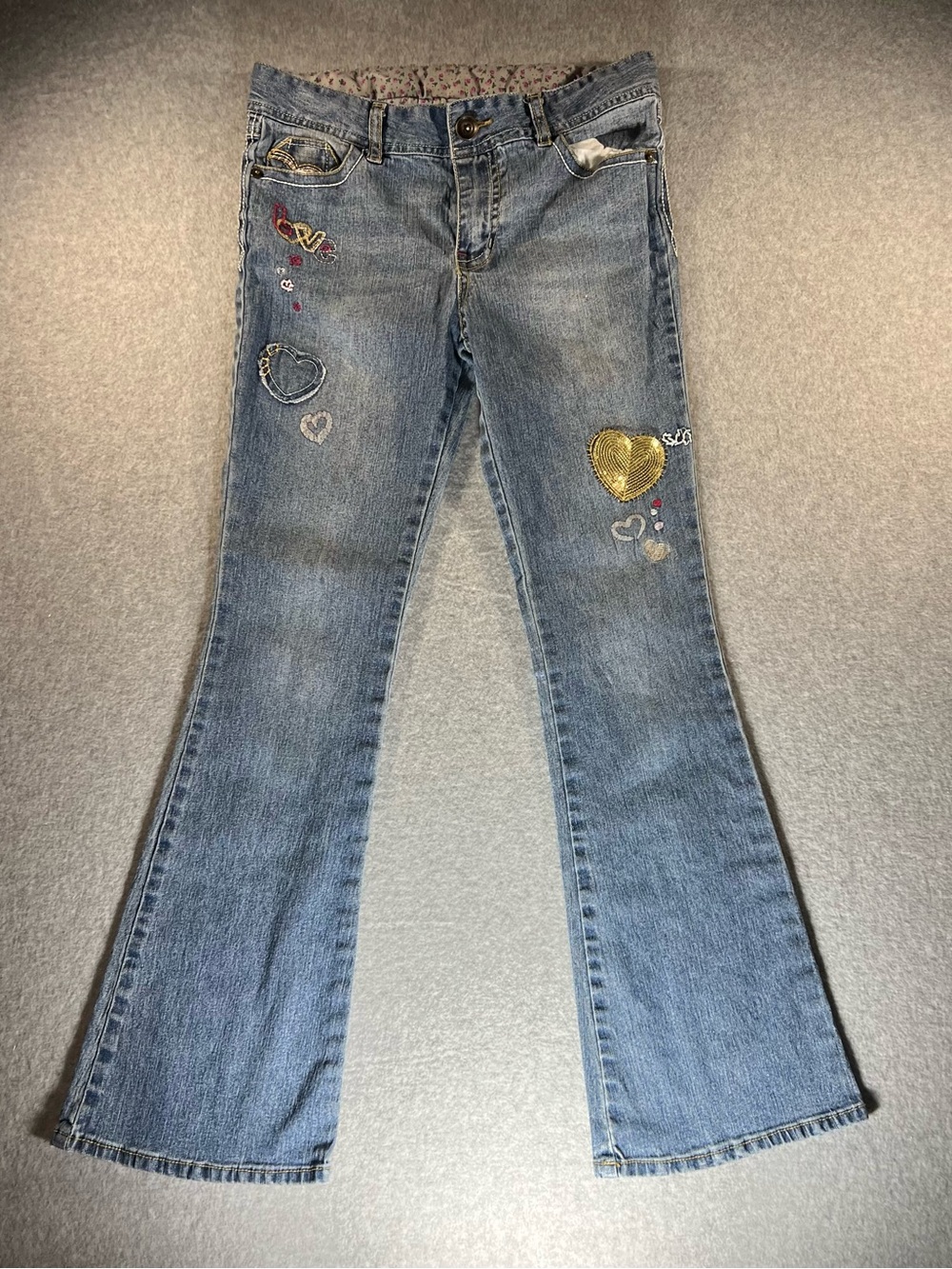 Vtg Y2k Embroidered Jeans Sz 12 Low Rise Flare Distressed Love & Hearts